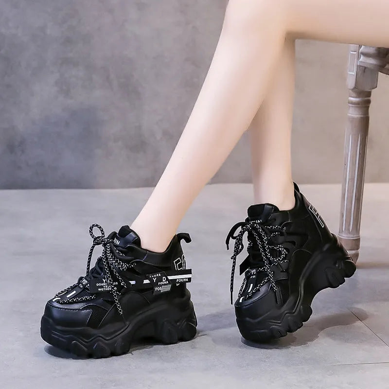 Women's white breathable mesh platform sports shoes with cross strap and rubber sole
