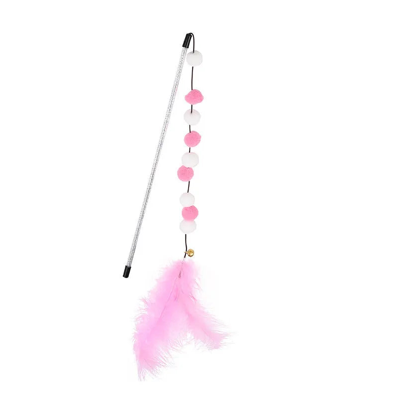 Grey, yellow and blue cat teaser rod with feathers, bell and acrylic pompons