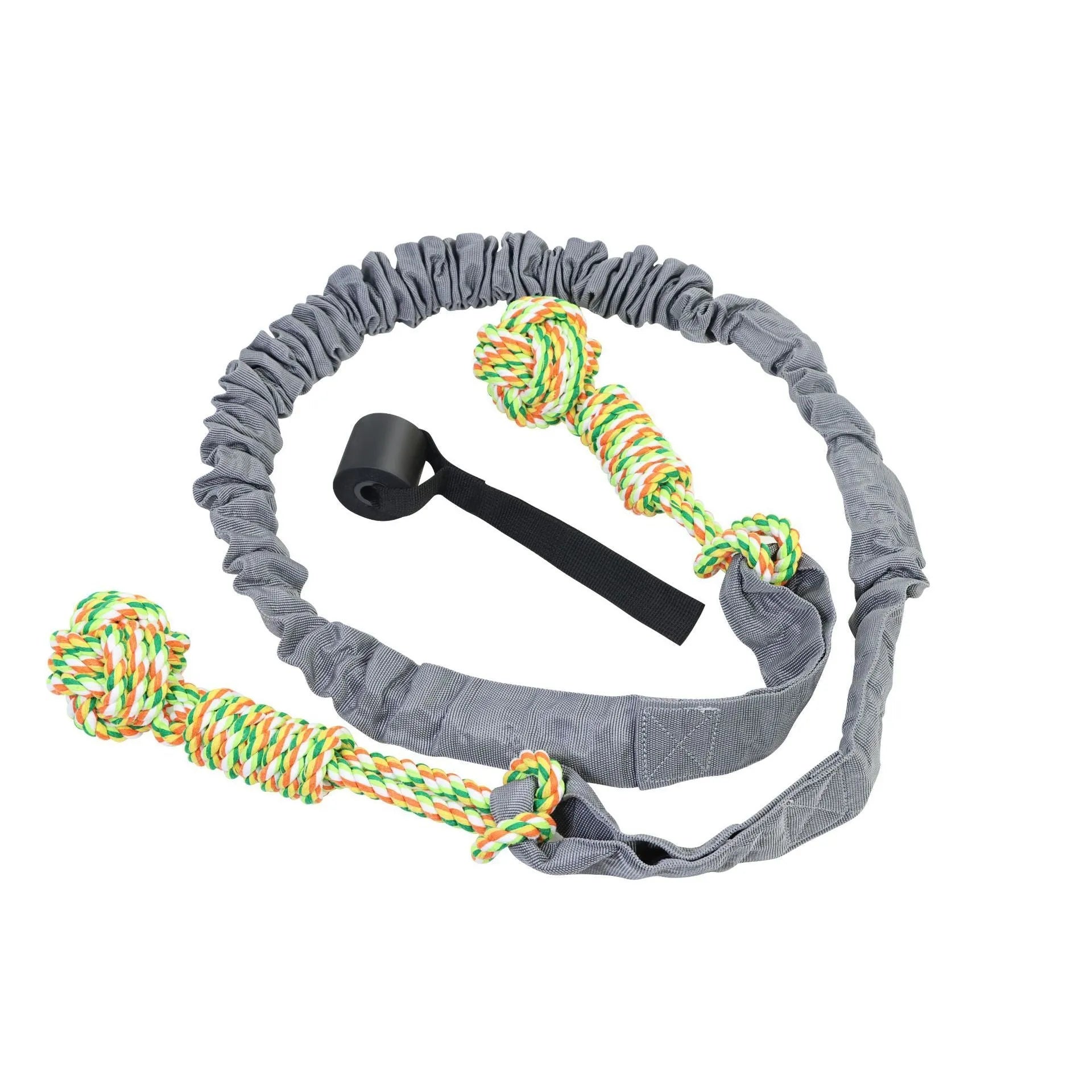 Braided cotton dog tug of war rope toy in red, grey, or black for interactive play and dental care.