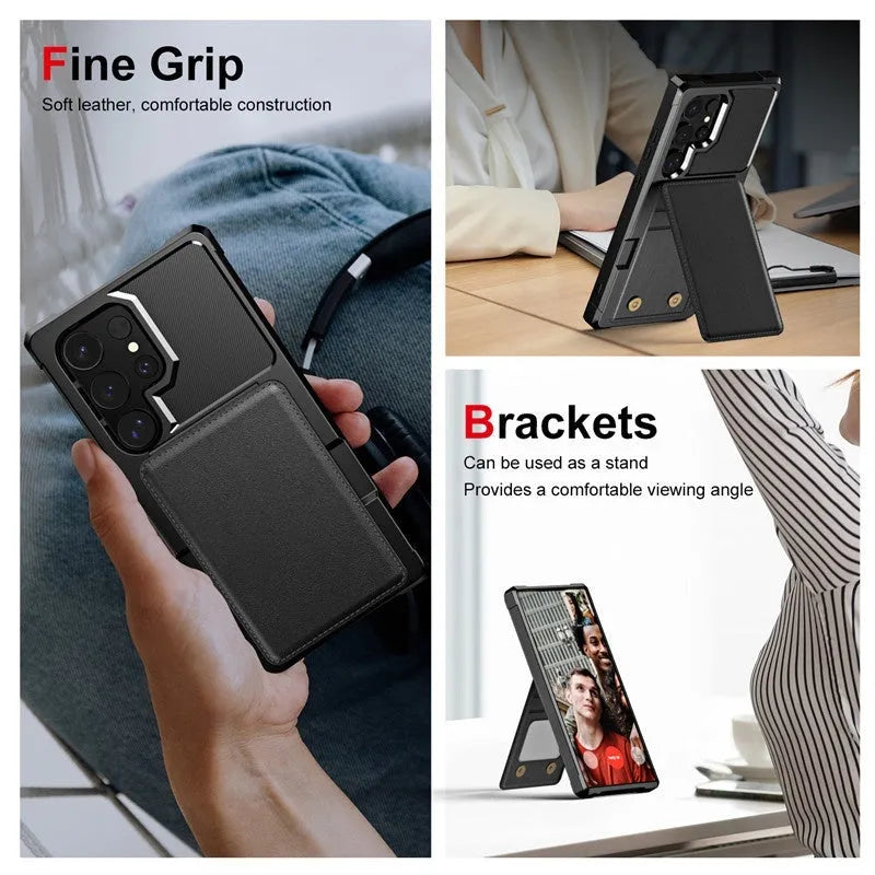 Samsung full cover drop-resistant phone case with card slot and kickstand in black