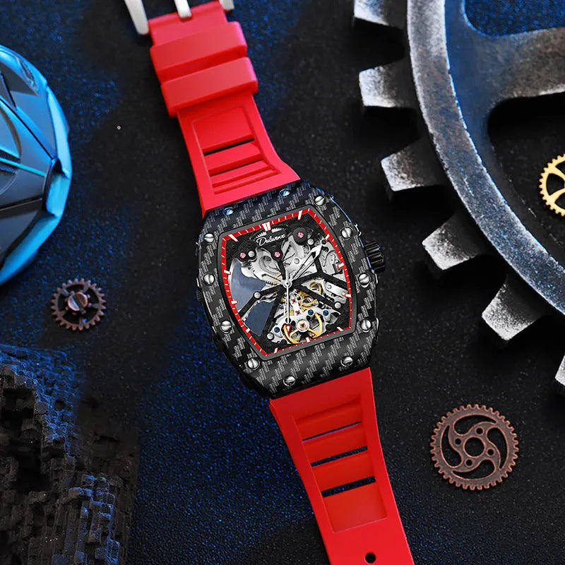 Men's mechanical waterproof watch with luminous dial, rubber strap and see-through case back showing movement