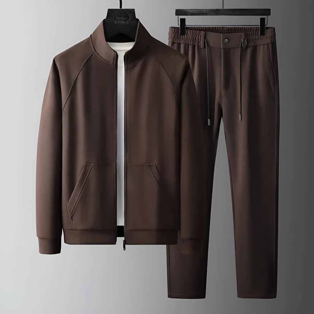 Stand collar slim fit sports suit jacket and trousers set in Vinylon fabric