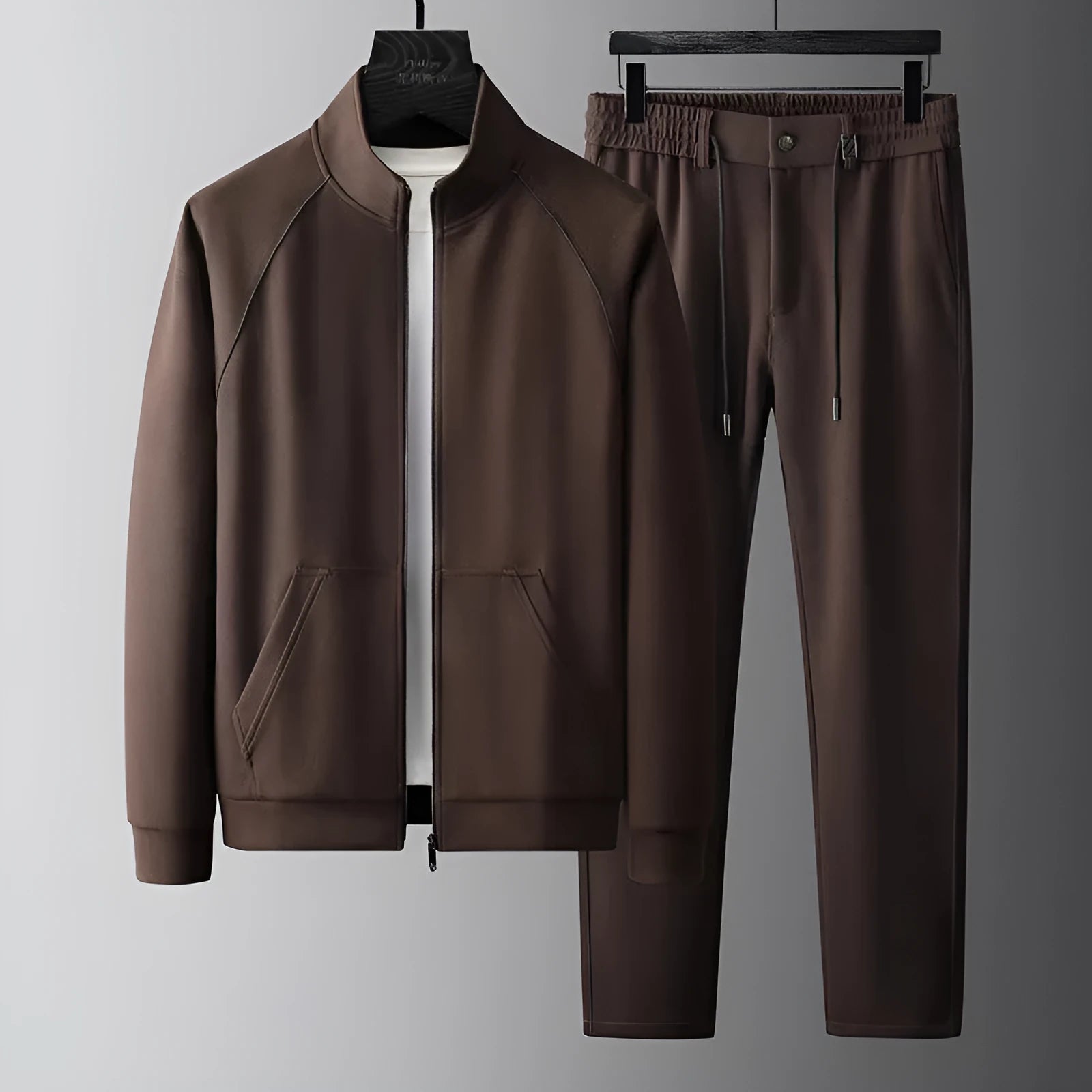 Stand collar slim fit sports suit jacket and trousers set in Vinylon fabric