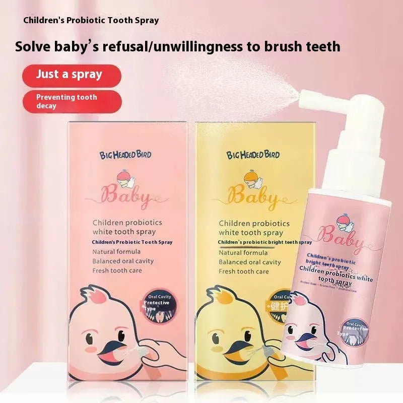 Children's probiotic anticavity teeth cleaning spray in 40ml bottle with strawberry and orange flavour options