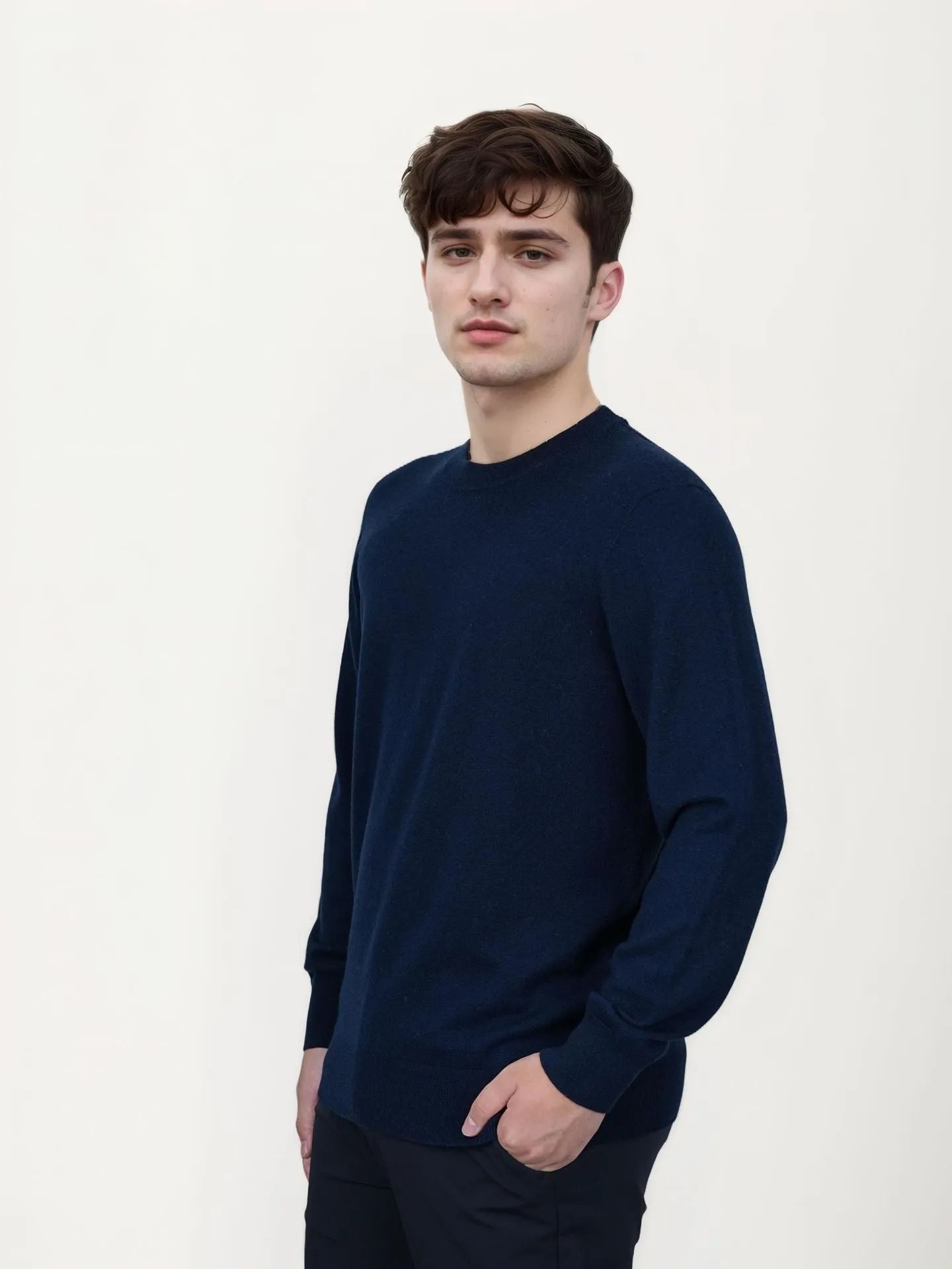 Men's regular fit wool pullover sweater in light grey, shown on a model.