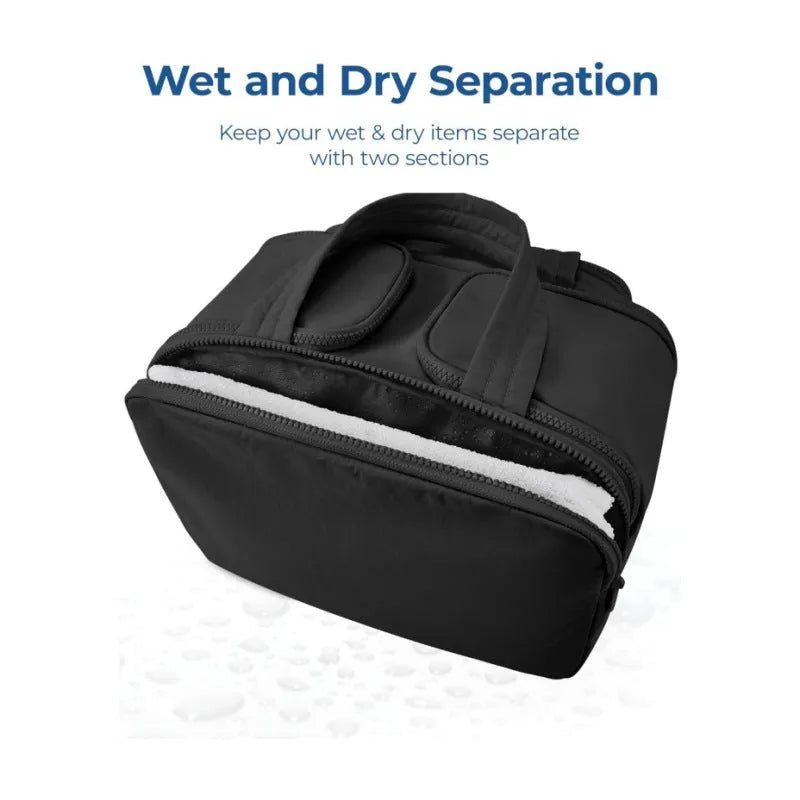 Large lightweight travel toiletry bag in beige with wide open design showing fluffy interior