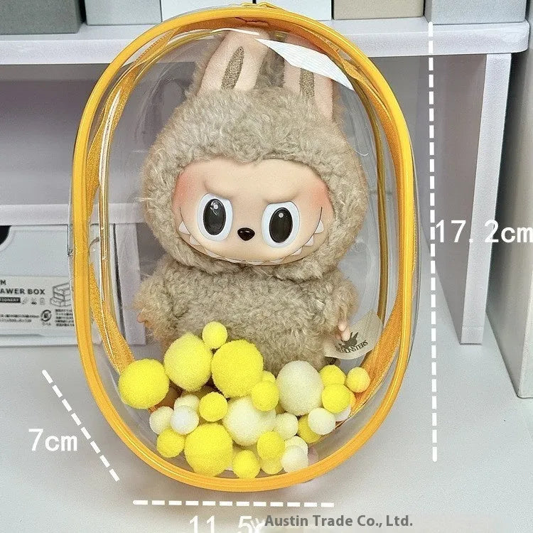 17cm transparent PVC cartoon backpack storage bag with colourful ball keychain