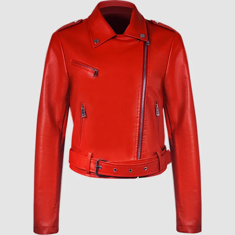 Women's black PU leather motorcycle jacket with lapel collar and decorative belt
