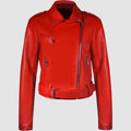 Women's black PU leather motorcycle jacket with lapel collar and decorative belt