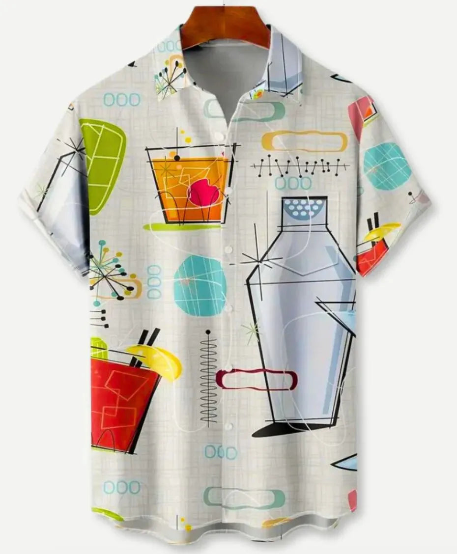 Man wearing a short sleeve Hawaiian floral print shirt with a lapel neckline, showcasing the digital print pattern.