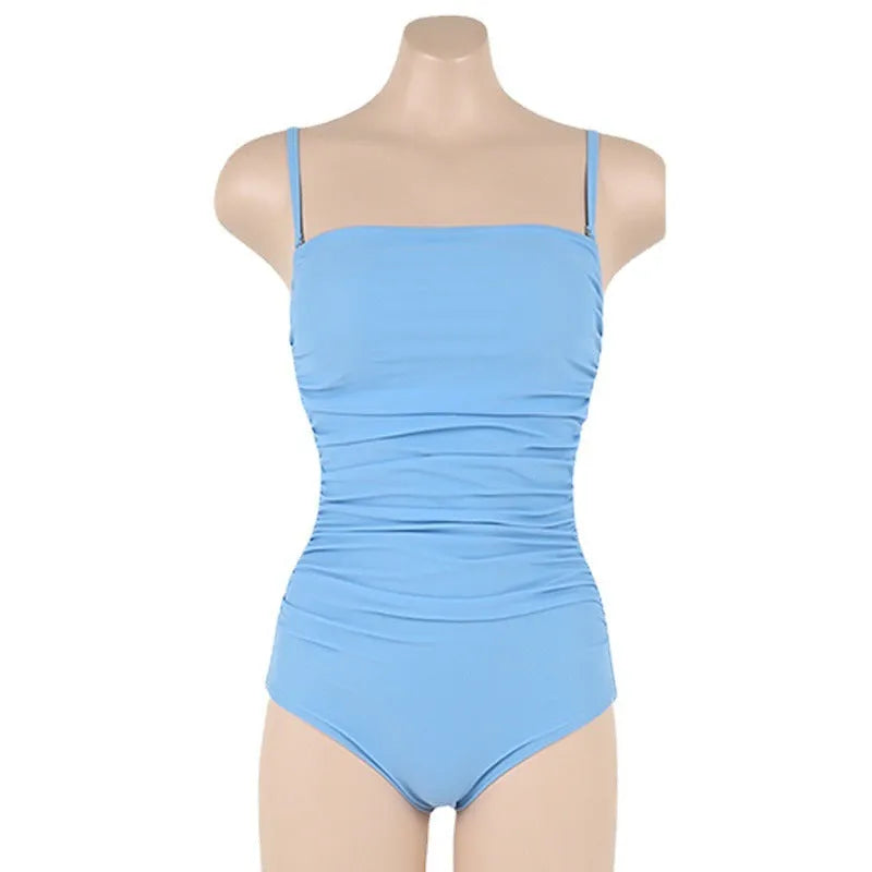 Sling style one-piece swimsuit with belly pleats in blue colour