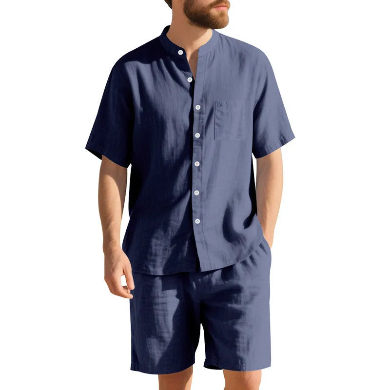 Men's light blue short-sleeve linen shirt and matching shorts, a casual two-piece summer suit set.