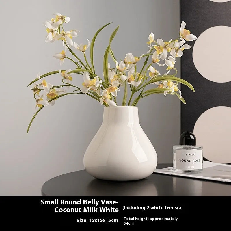 Black and white round belly ceramic decorative vase with optional artificial orchid flowers