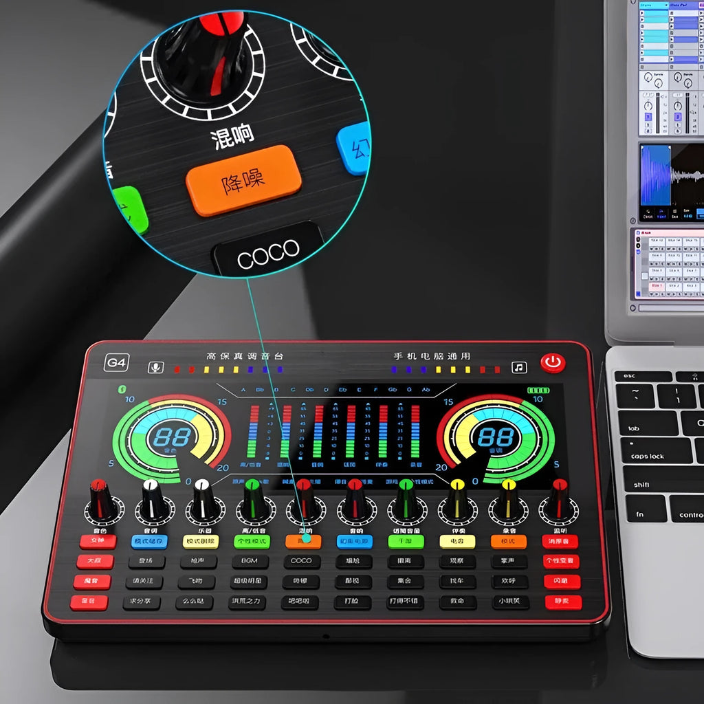 G4 professional live sound card mixer set with microphone, remote control, and audio cables on a table