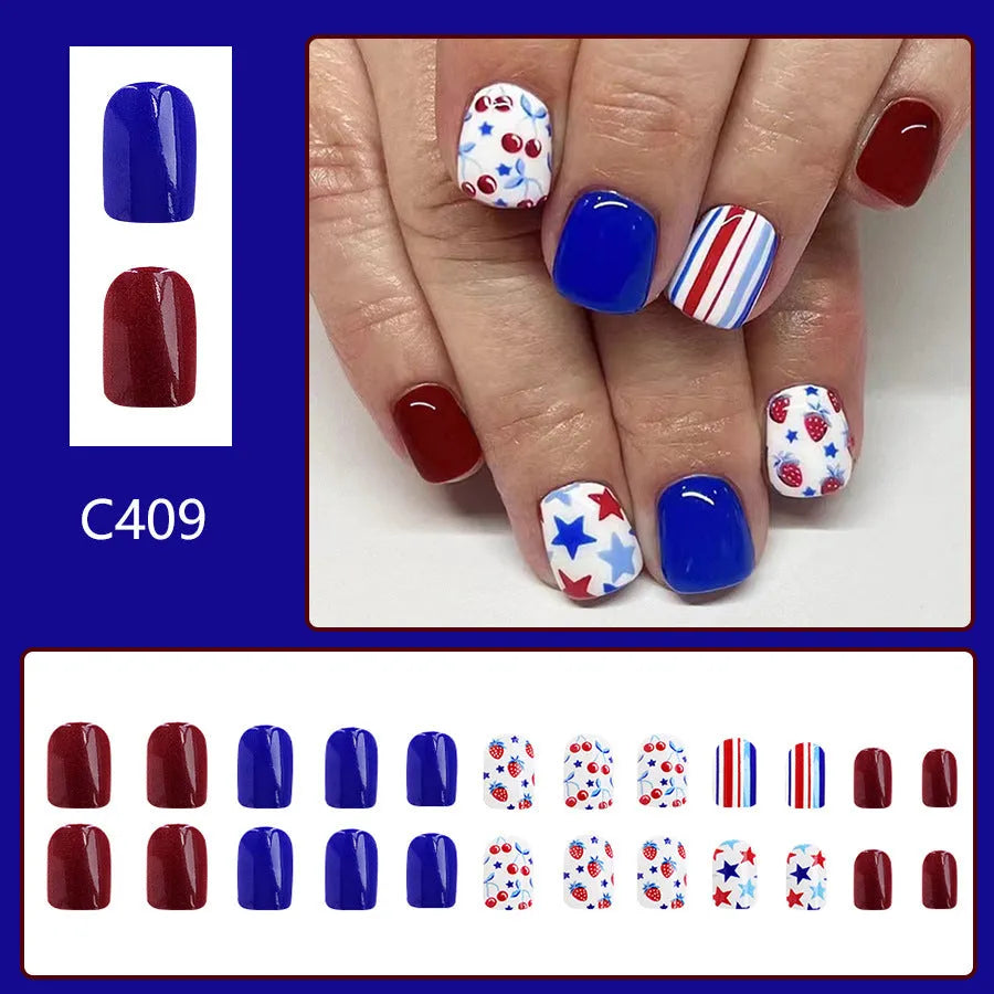 24 short glossy nail stickers with strawberry cherry Independence Day pattern in red and blue