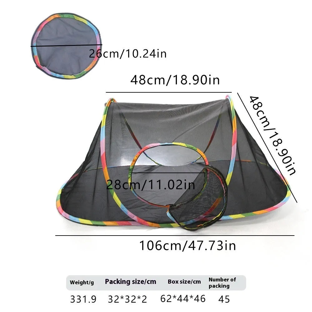 Foldable mesh cat tunnel toy shown in a square shape configuration