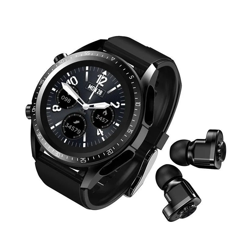 Black smart watch with blood pressure monitoring on a silicone strap, showing its 1.28-inch touchscreen display.