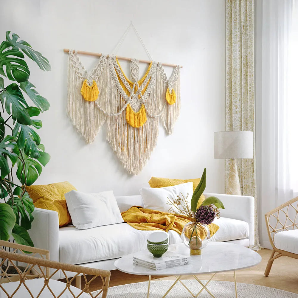 Nordic style creamy-white cotton tapestry with hand-woven yellow accents, rectangular shape 120x95cm