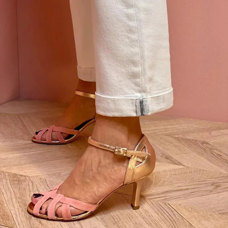 Women's plus size peep toe buckle sandals with over-the-knee length in black, green, pink, or purple.
