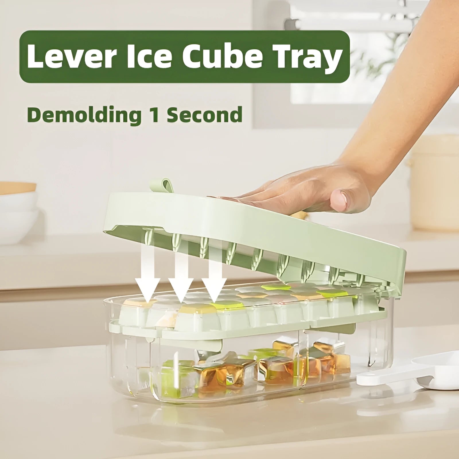 Blue food-grade plastic ice cube tray with grid design and integrated ice shovel storage.