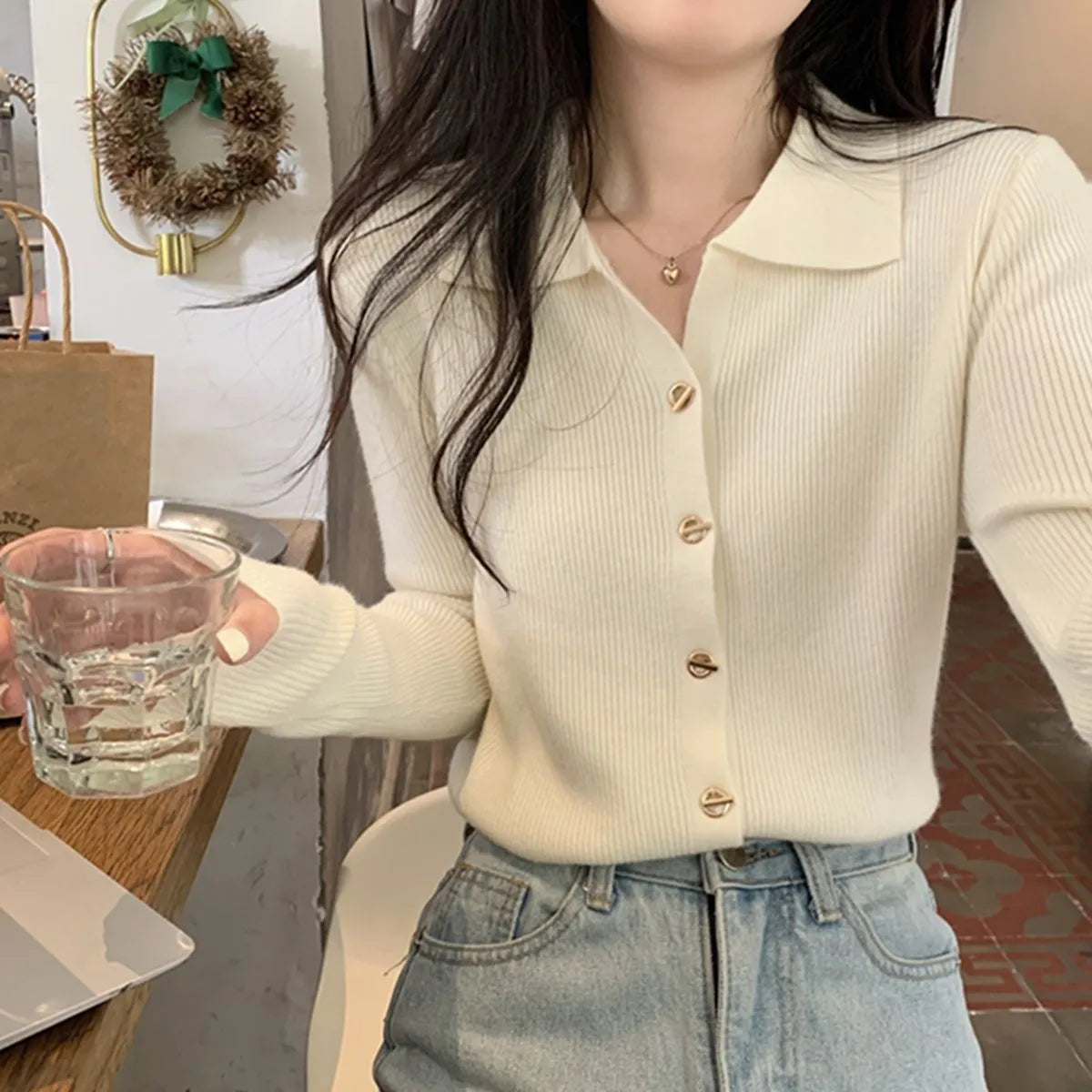 Women's loose fit viscose fibre knitted cardigan in beige colour with long sleeves