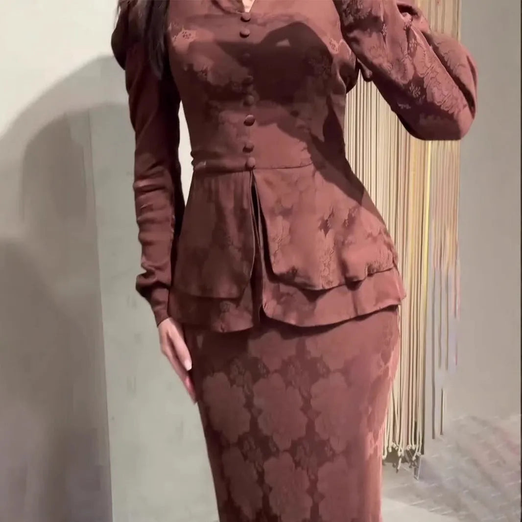 Dark brown retro long sleeve dress with plants and flowers pattern, fake two-piece design and button detailing