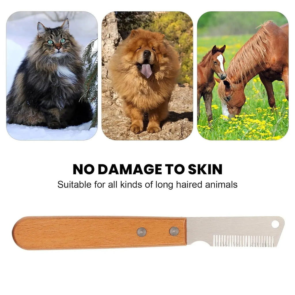 Pet stripping comb with wood handle and metal teeth for grooming long-haired dogs and cats.
