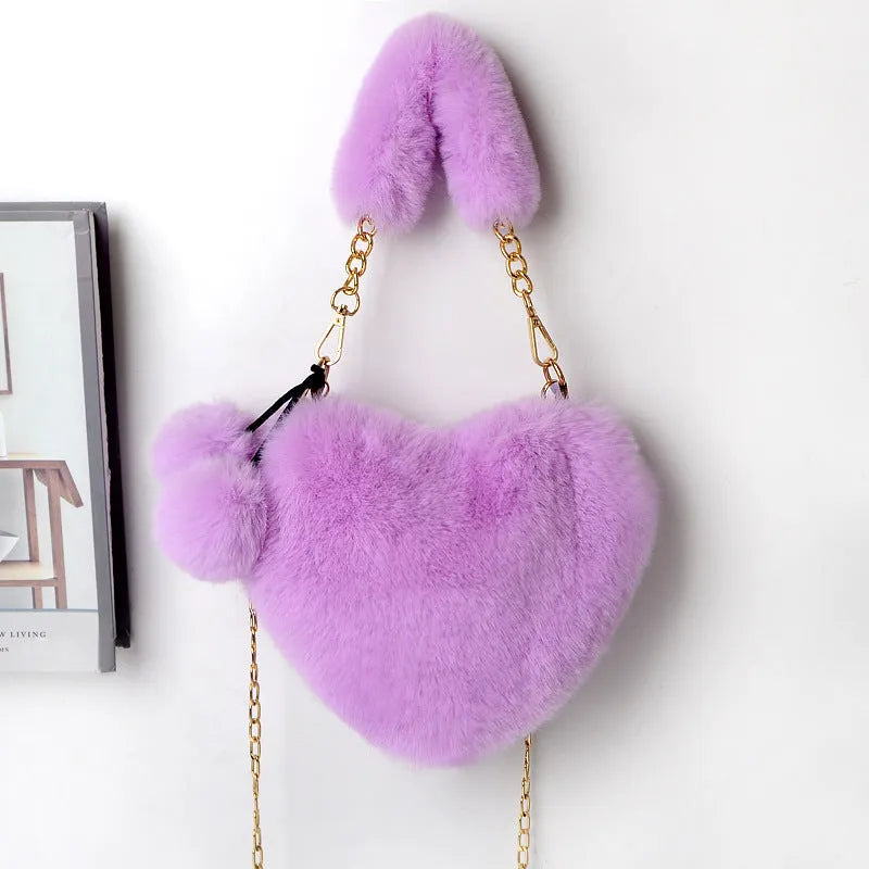 Soft plush heart-shaped women's handbag with zipper closure in various colours