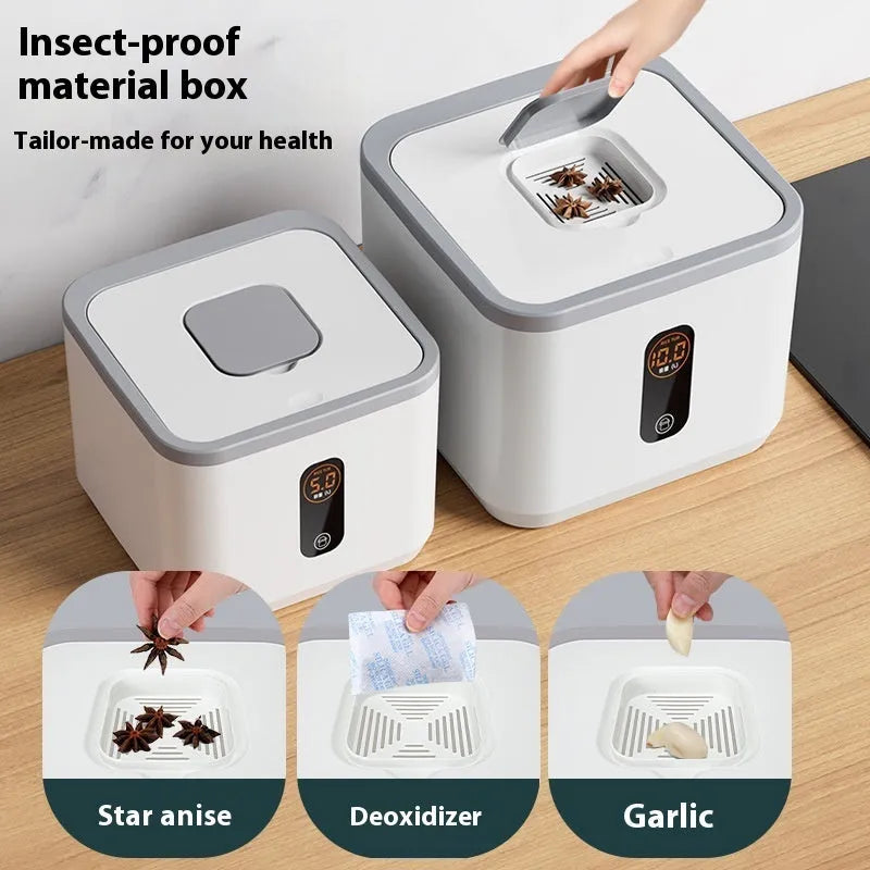 Grey plastic insect-proof rice storage jar with airtight lid and measuring cup, shown in 10kg, 20kg, and 30kg sizes.