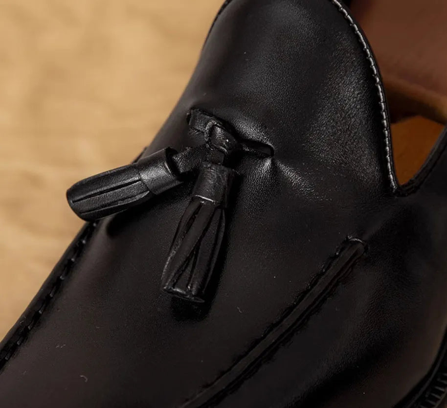 Men's black and brown genuine leather slip-on loafers with pigskin lining and rubber sole