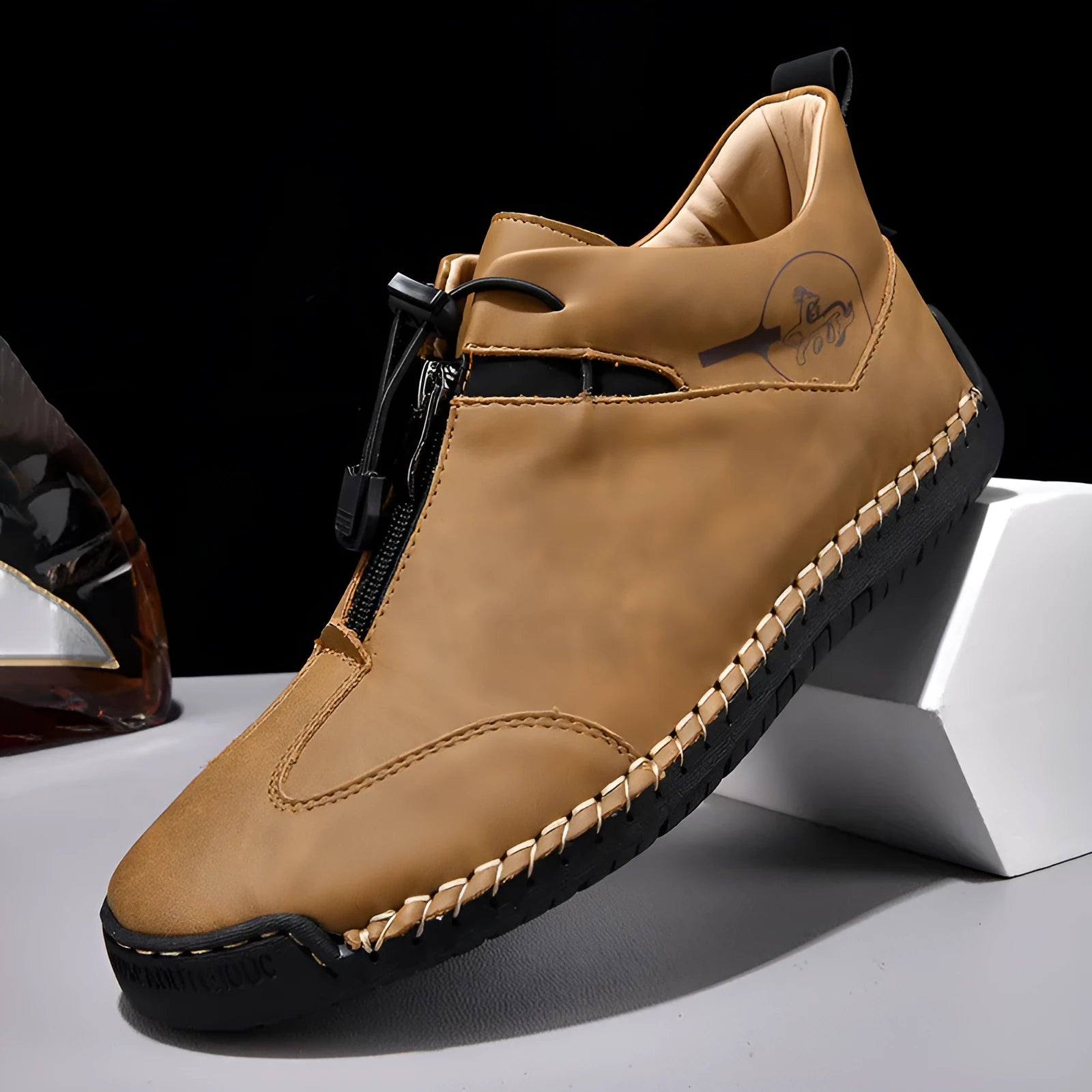 Men's casual leather shoe in green with a tall crown, round toe, mid heel, and rubber sole.