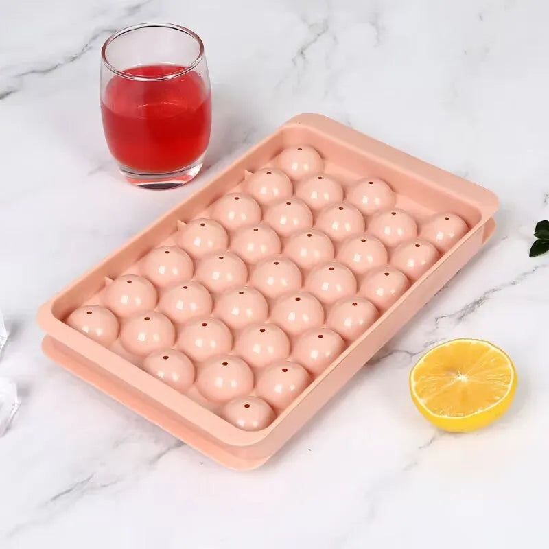 Blue 33-grid round silicone ice cube tray with lid for homemade ice