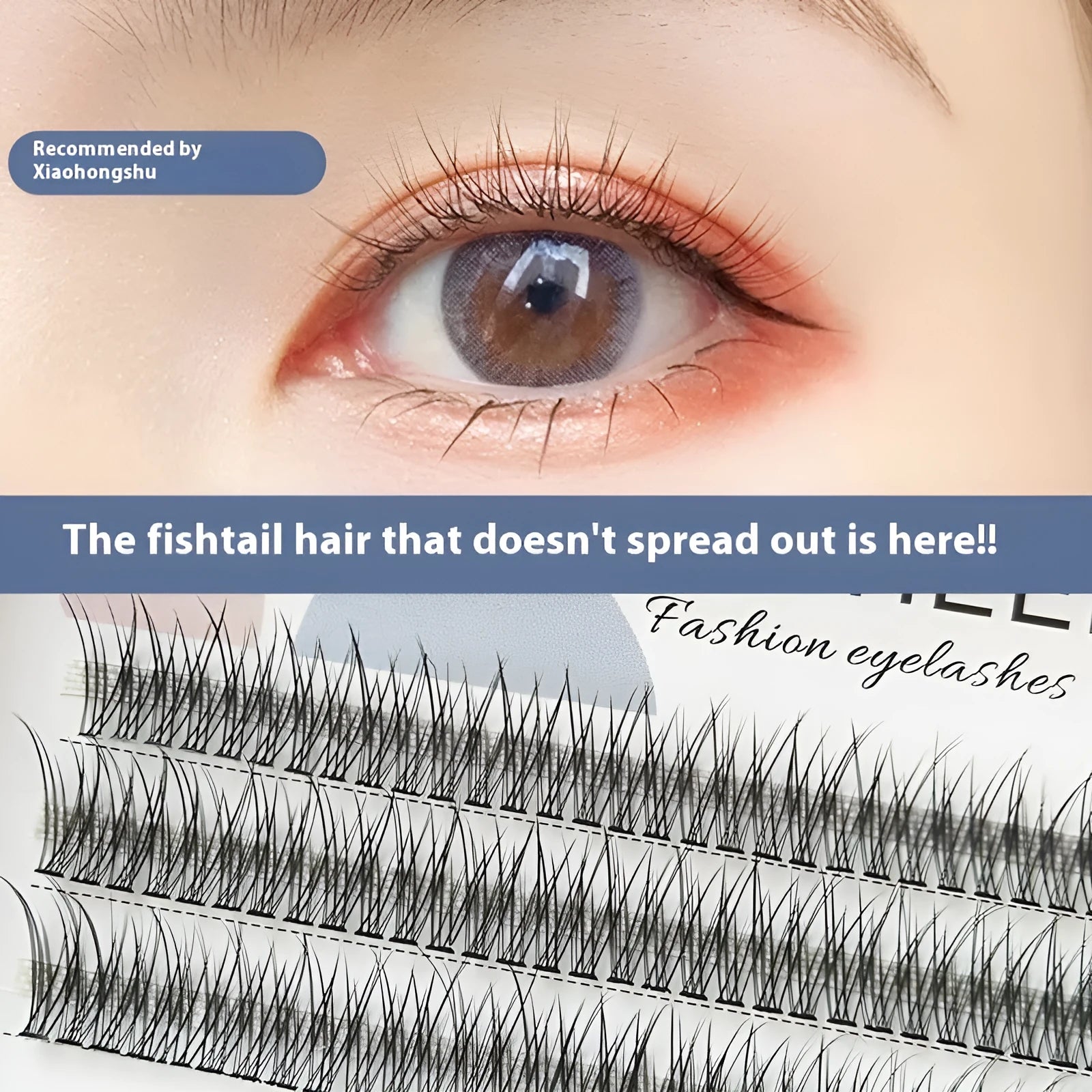 Black V-shaped fishtail false eyelashes showing segments in 8mm, 9mm, 10mm, 11mm, and 12mm lengths