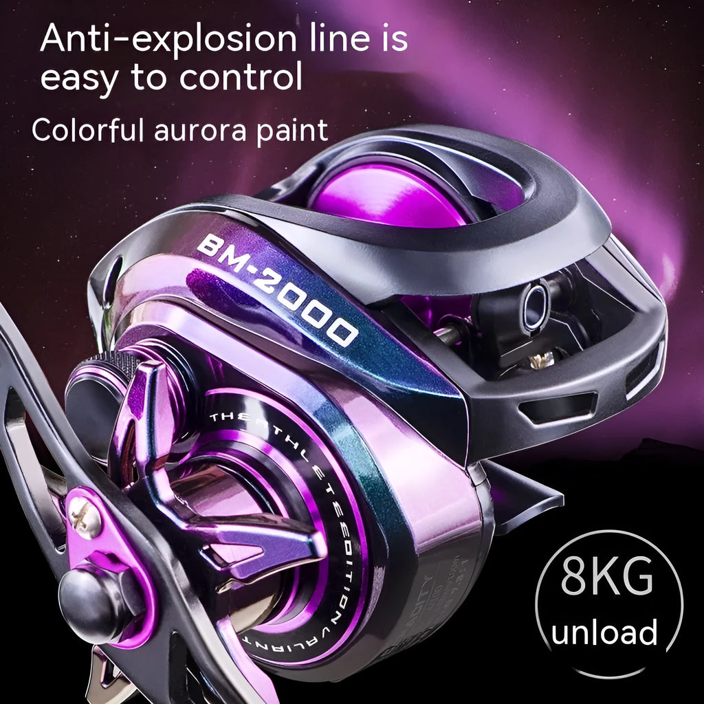 BM2000 model fishing reel with a magnetic brake water drop system, shown in left-hand and right-hand versions.