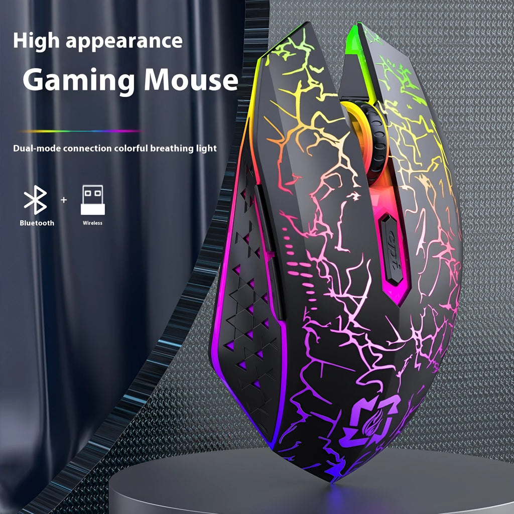 Black and white versions of a wireless gaming mouse with luminous breathing light on a desk with charging cable.