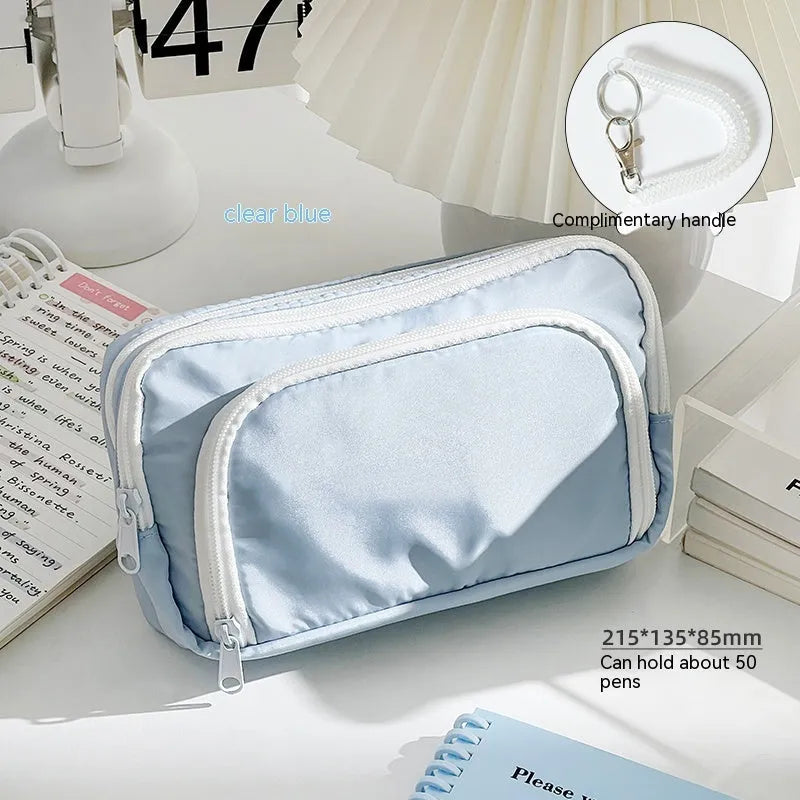 Double layer pencil case in solid colour with gift handle for stationery storage