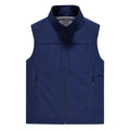 Men's khaki polyester cardigan vest with stand collar and zipper pockets for outdoor wear.