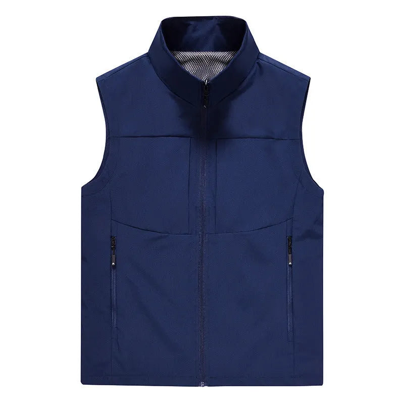 Men's khaki polyester cardigan vest with stand collar and zipper pockets for outdoor wear.