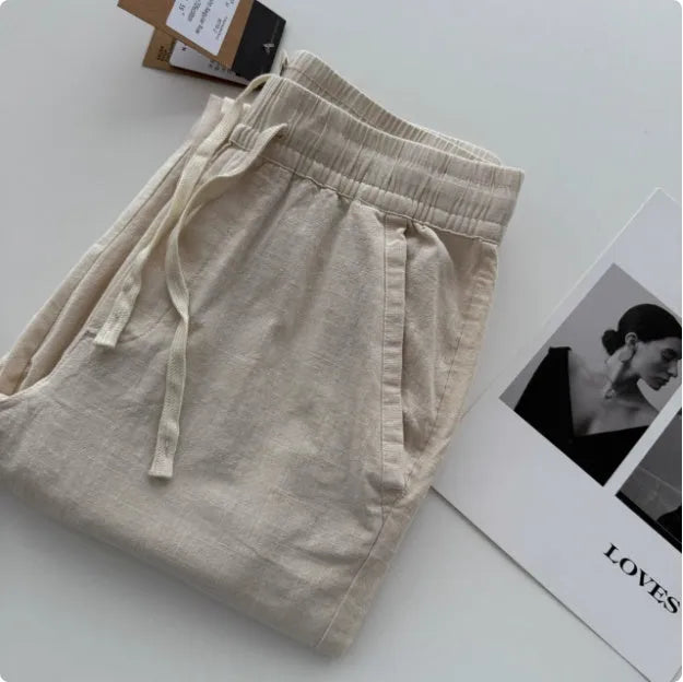 Men's casual loose straight pants with drawstring waist in beige colour option