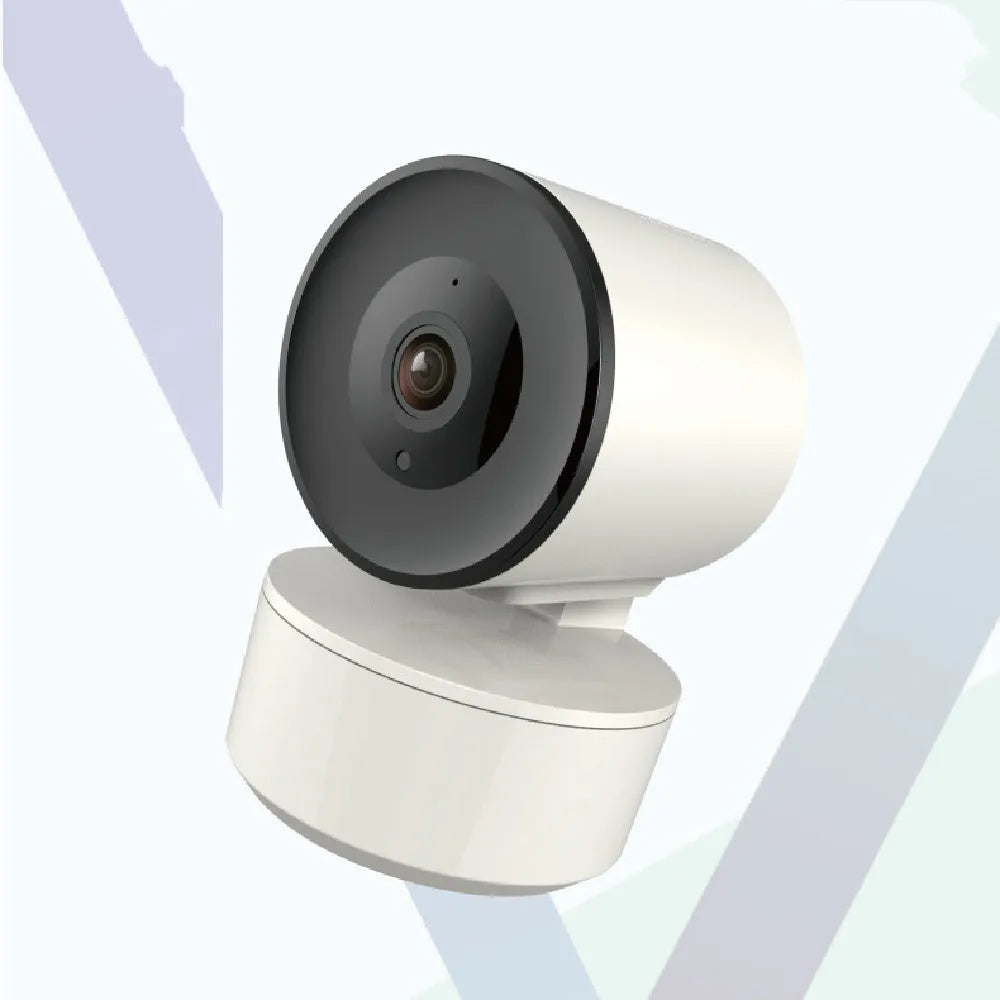 Indoor Wi-Fi security camera with pan-tilt base, shown next to its power adapter