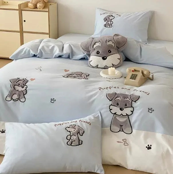 Cute cartoon Schnauzer thickened cotton bedding set with embroidered duvet cover and sheet on a bed.