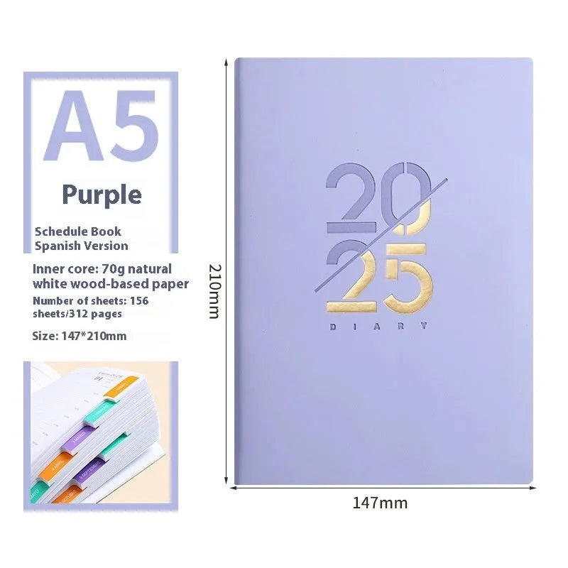 A5 daily planner with soft faux leather cover showing multiple colour options including pink yellow purple blue green
