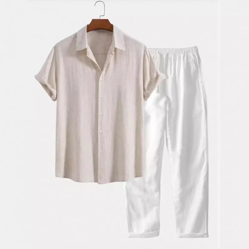 Men's loose fit linen blend short sleeve shirt and trousers casual suit set on a hanger.