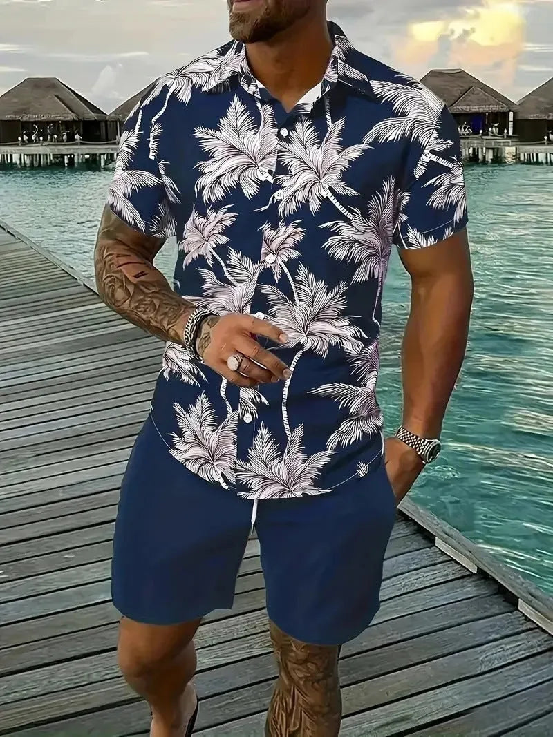 Man wearing a men's Hawaii-themed 3D printed short sleeve suit with matching shorts.