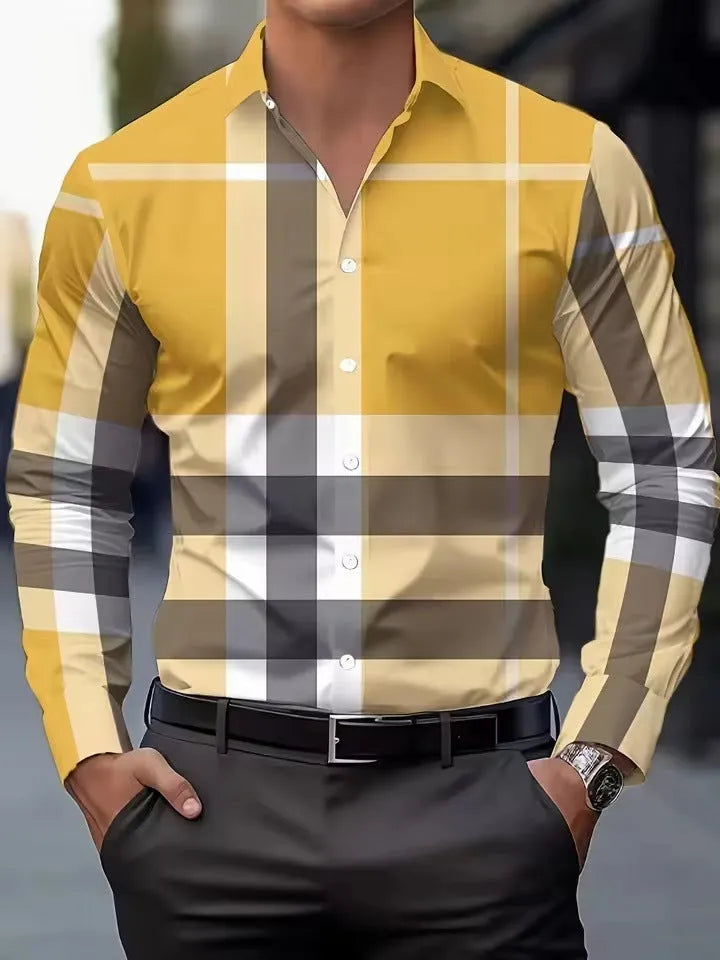 Men's striped long sleeve button-down shirt in polyester, shown in one of four available colours.