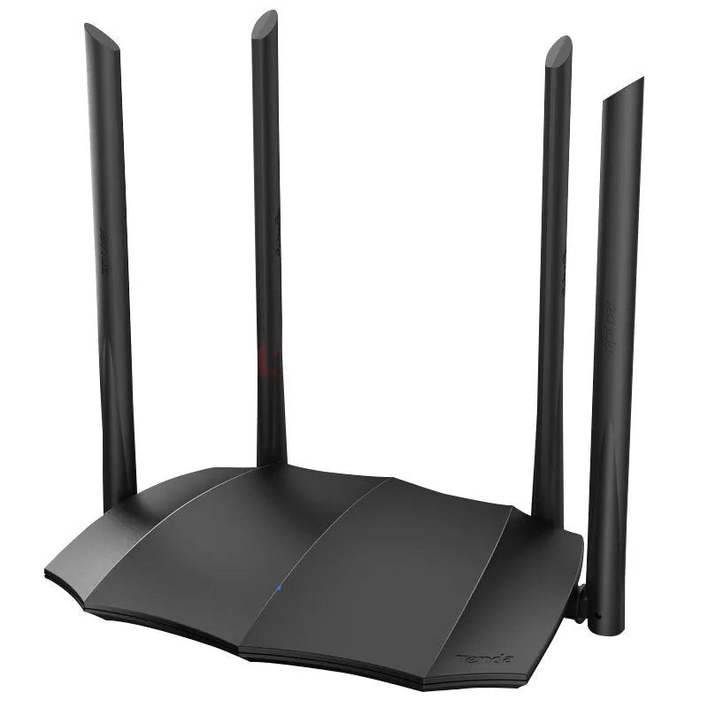 Dual-band wireless router with multiple antennas and gigabit Ethernet ports on the rear panel.