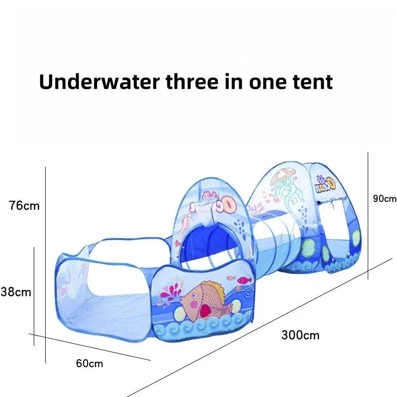 Children's cloth three-in-one play tent with tunnel in a cartoon submarine theme