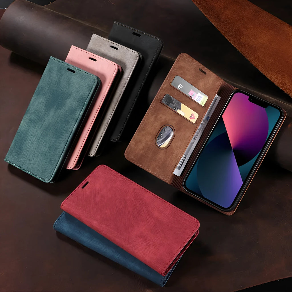 Leather and TPU magnetic flip phone case for iPhone in multiple solid colours.