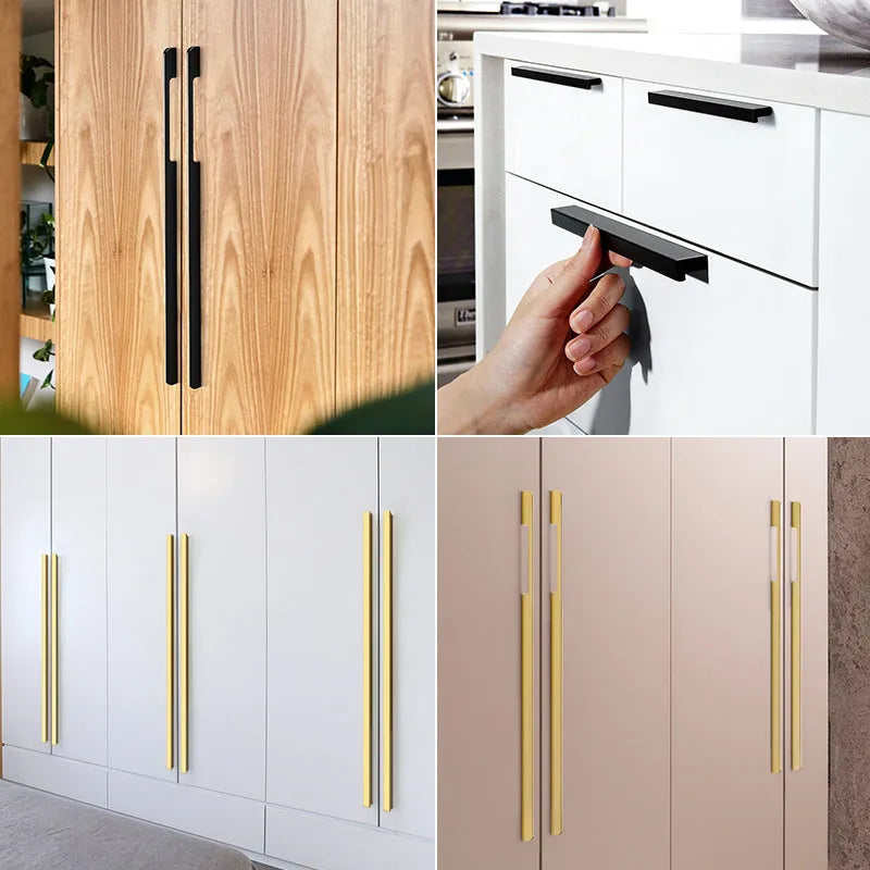 Gold T-shaped modern single hole cabinet drawer handle showing three size variants.