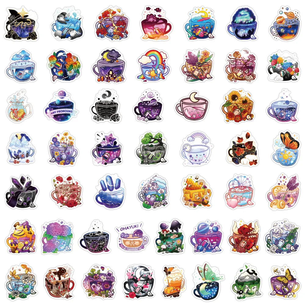 Set of 50 colourful tea cup graffiti waterproof stickers for scooter and luggage DIY decoration.